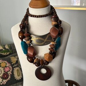 Vintage 80’s brass snake‎ choker and Bohemian Wooden and Teal Necklaces
